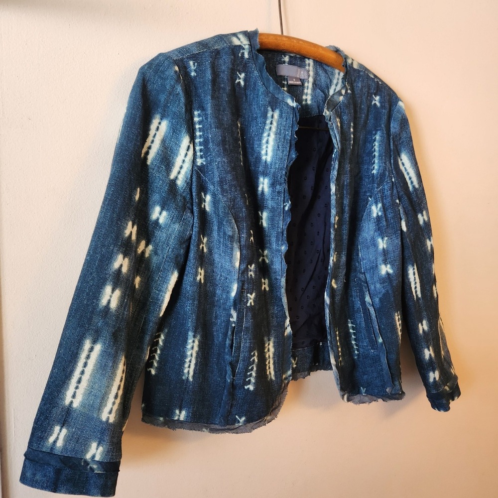Anthropologie Indigo Blue Shibori Tie Dye Cotton Cropped Open Front Denim Jacket - Picture 2 of 8